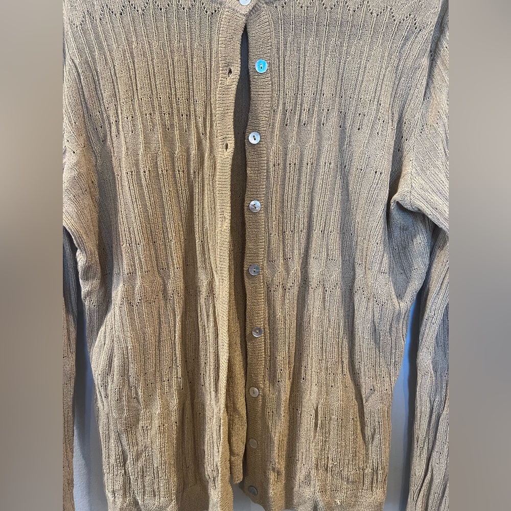 Saks Fifth Avenue The Works open knit cardigan women M layering gold lightweight - Picture 4 of 7